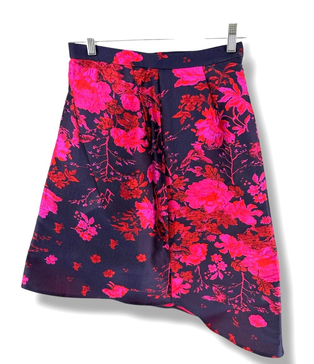Eva Franco Anthropologie Jacquard Asymmetrical Skirt Sz. 6 Navy Pink Floral Boho